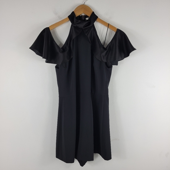 New Alice + Olivia Rosaline High Neck Satin Ruffle Cold Shoulder Pleated Romper - Picture 3 of 14